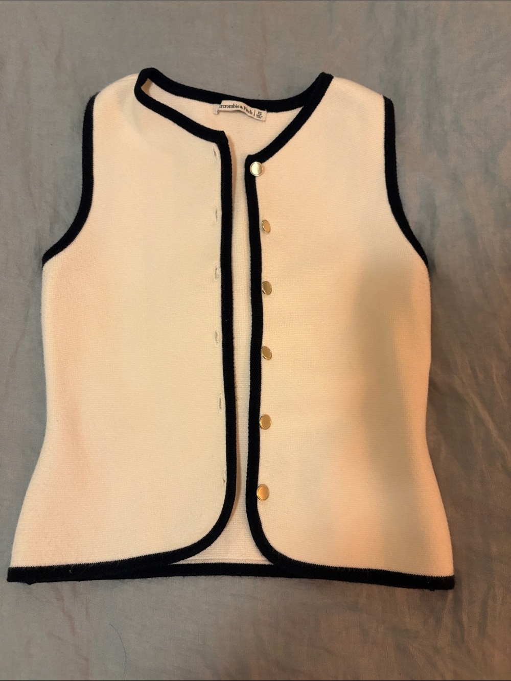 Abercrombie & Fitch Cream Knit Vest with Black Trim and Gold Buttons